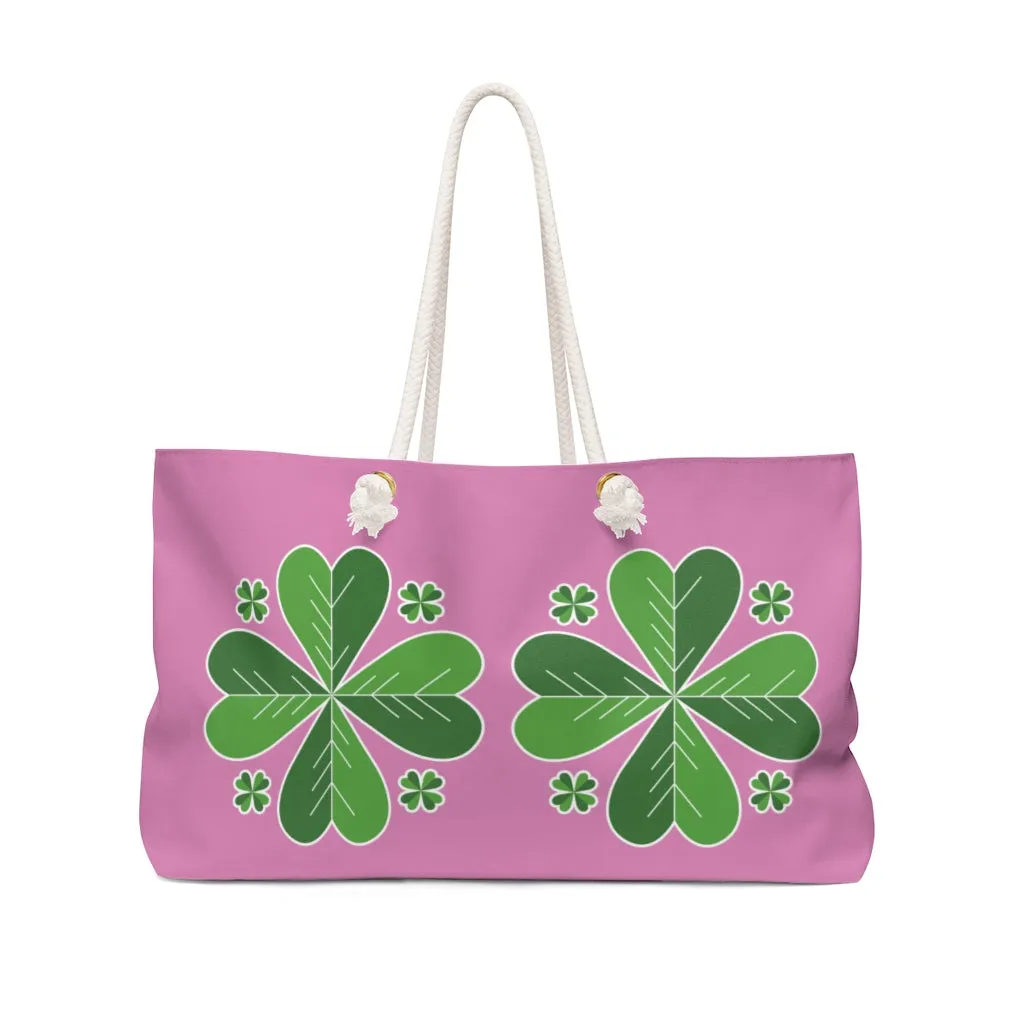 Light Pink Green Clover Bag, Leaf St. Patrick's Day Irish 24"x13"Weekender Bag- Made in USA