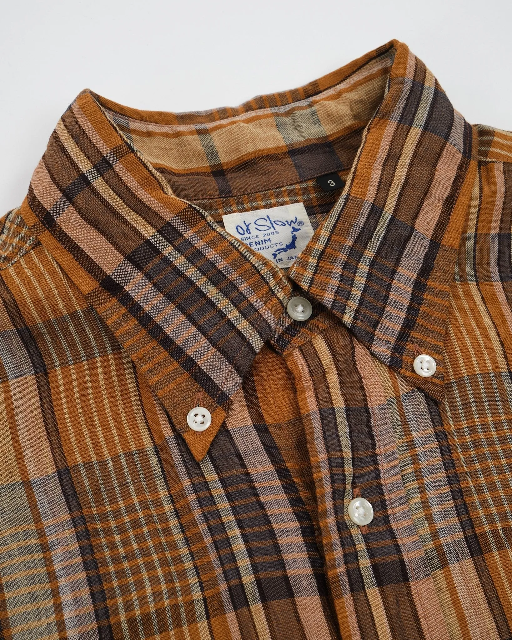 LINEN BUTTON DOWN SAFARI SHIRT ORANGE CHECK