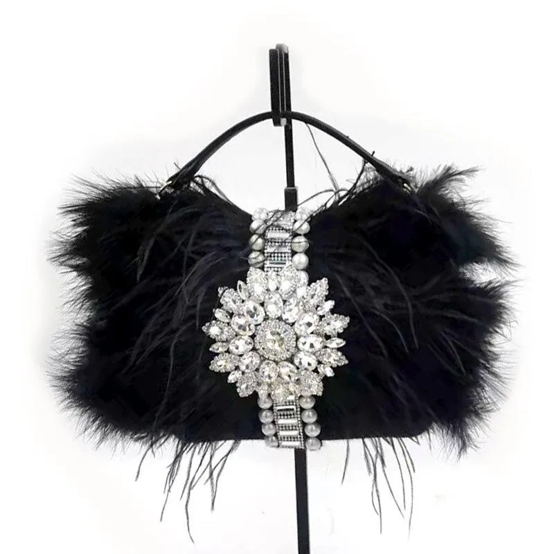 Luxury Stylish Women's Ostrich Feathers Handbag With Rhinestones