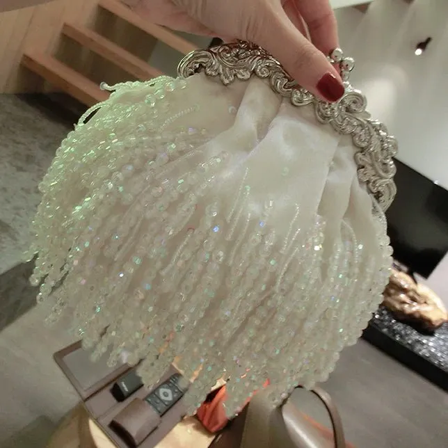 Luxy Moon Fringed Satin Beaded Evening Bag