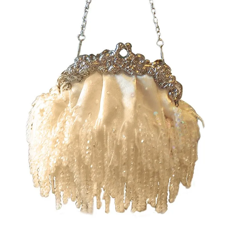 Luxy Moon Fringed Satin Beaded Evening Bag