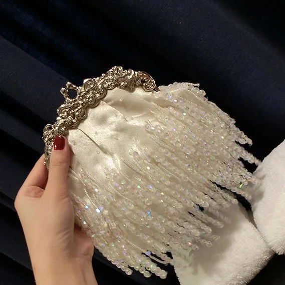 Luxy Moon Fringed Satin Beaded Evening Bag