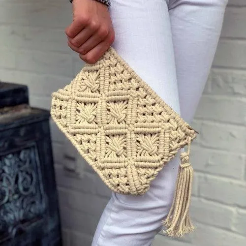 Macrame Clutch with Tassel, Cream