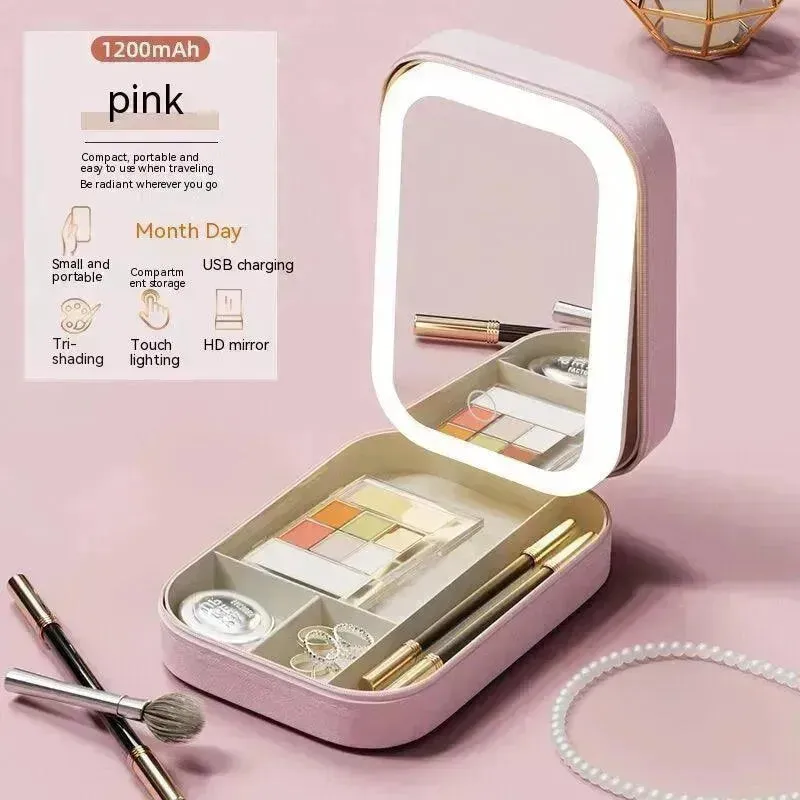 Makeup Storage Box With LED Light Mirror Portable Travel Makeup Cosmetics Storage Box Touch Light Storage Organizer