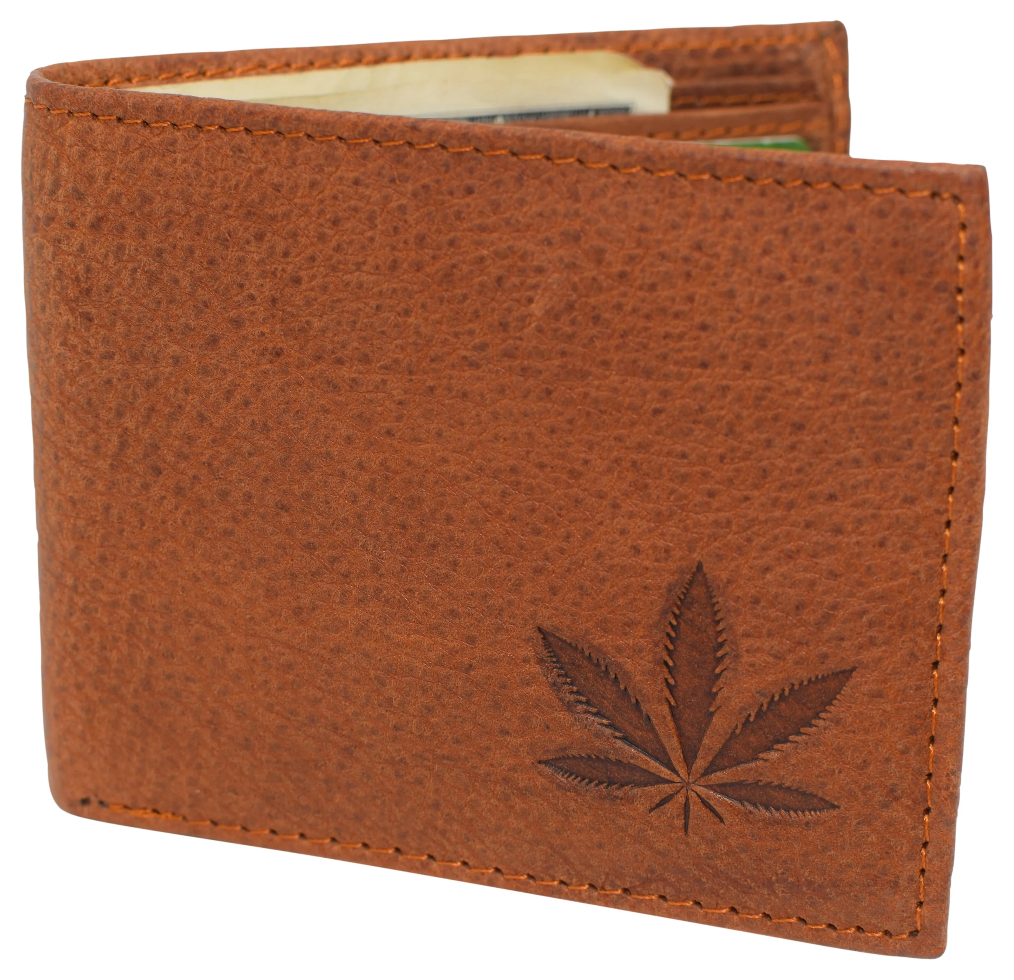 Marijuana Leaf RFID Blocking Real Leather Bifold Classic Wallet for Men