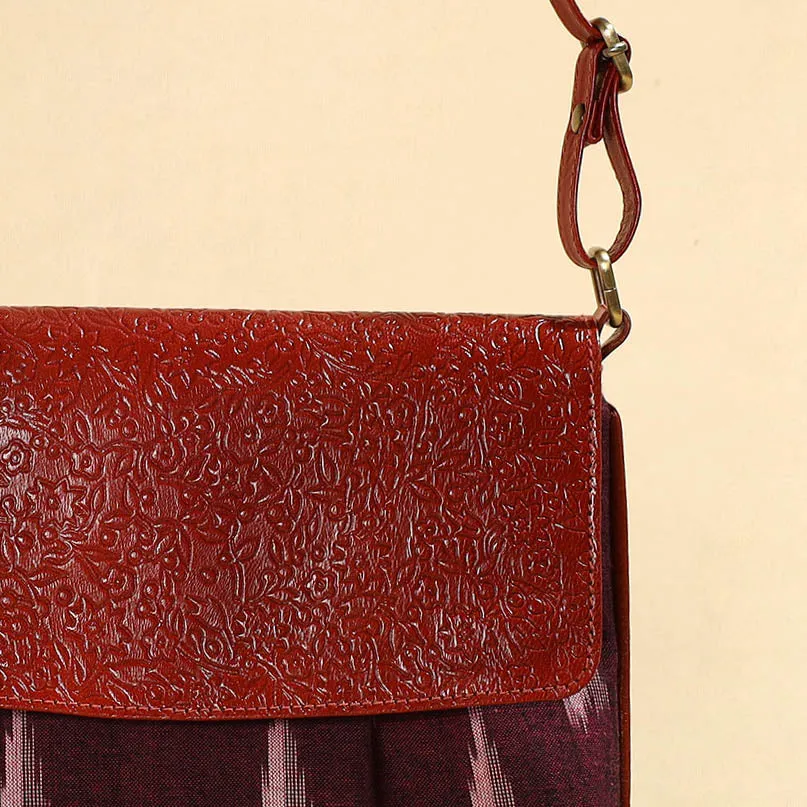 Maroon - Handcrafted Ikat Fabric Sling Bag with Embossed Leather Flap