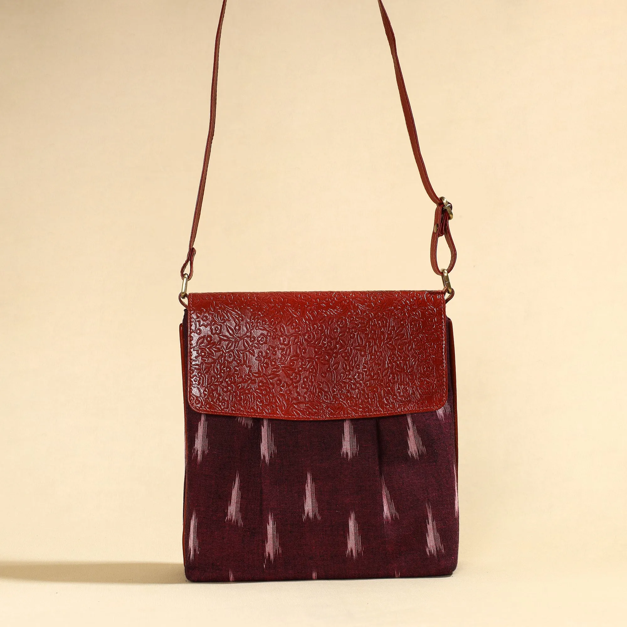 Maroon - Handcrafted Ikat Fabric Sling Bag with Embossed Leather Flap