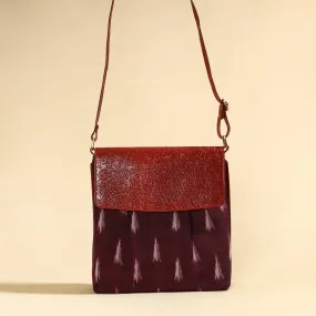 Maroon - Handcrafted Ikat Fabric Sling Bag with Embossed Leather Flap