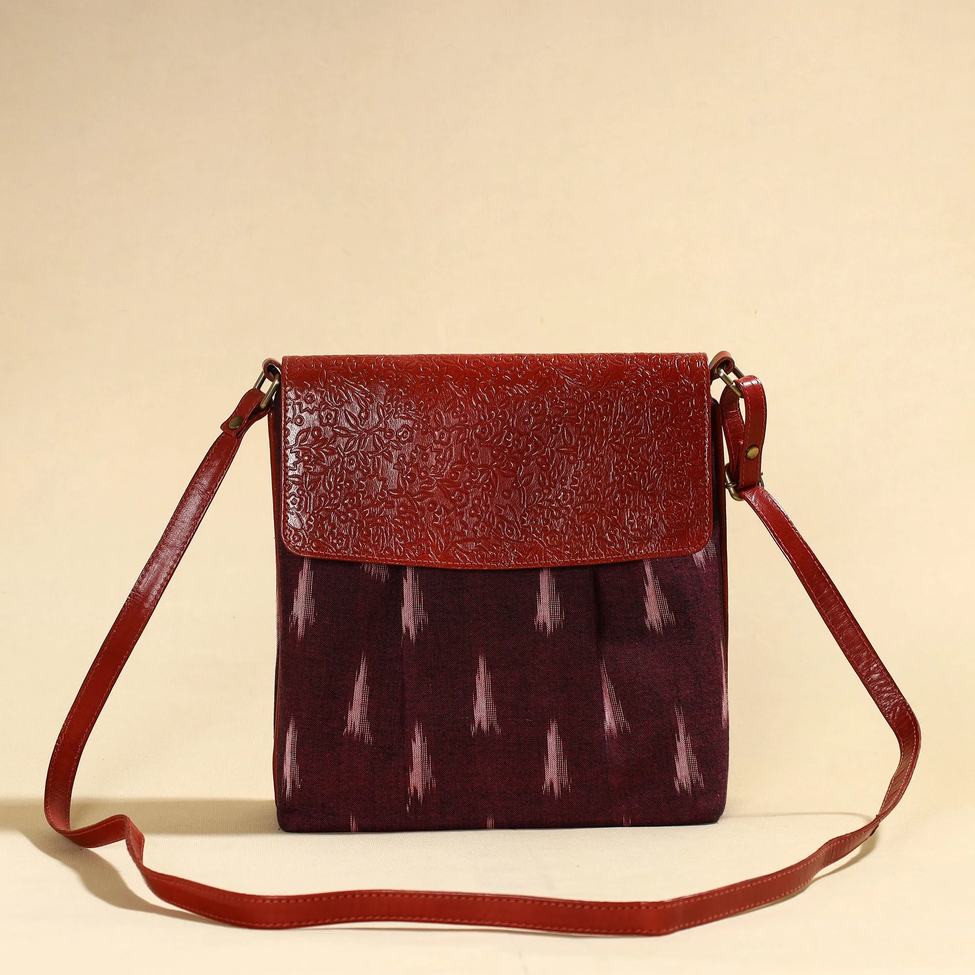 Maroon - Handcrafted Ikat Fabric Sling Bag with Embossed Leather Flap