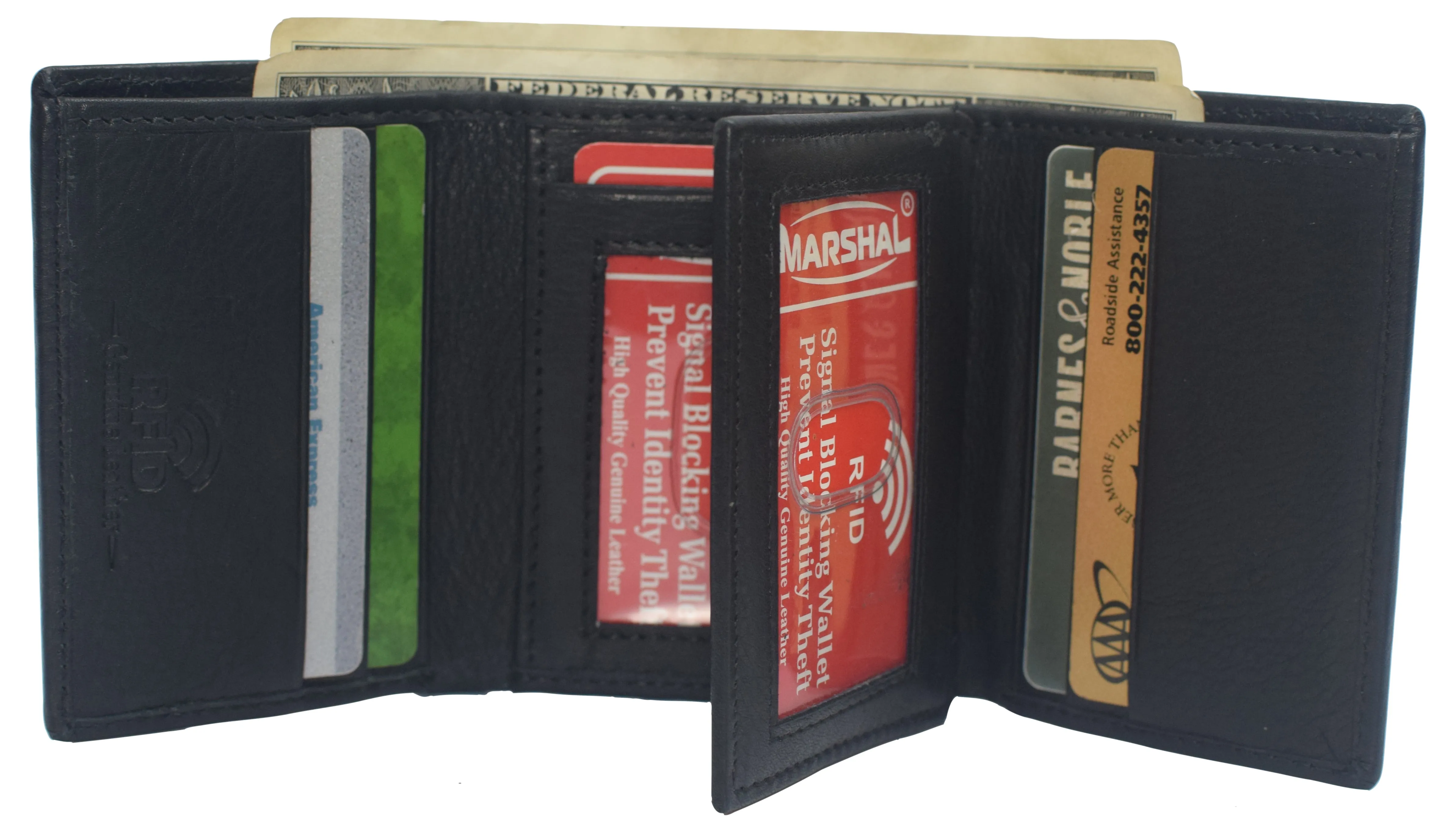 Marshal Men's RFID Blocking Full Grain Leather 2 ID Windows Trifold Wallet