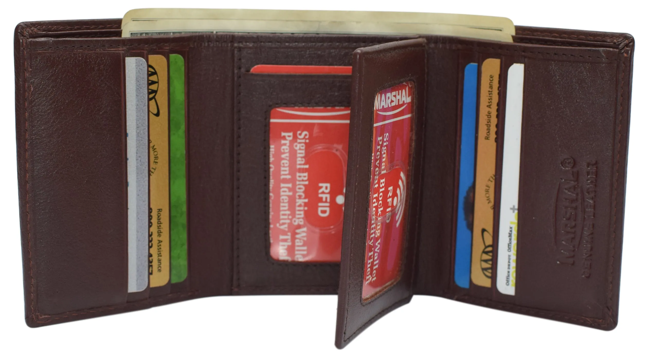 Marshal Men's RFID Blocking Full Grain Leather 2 ID Windows Trifold Wallet