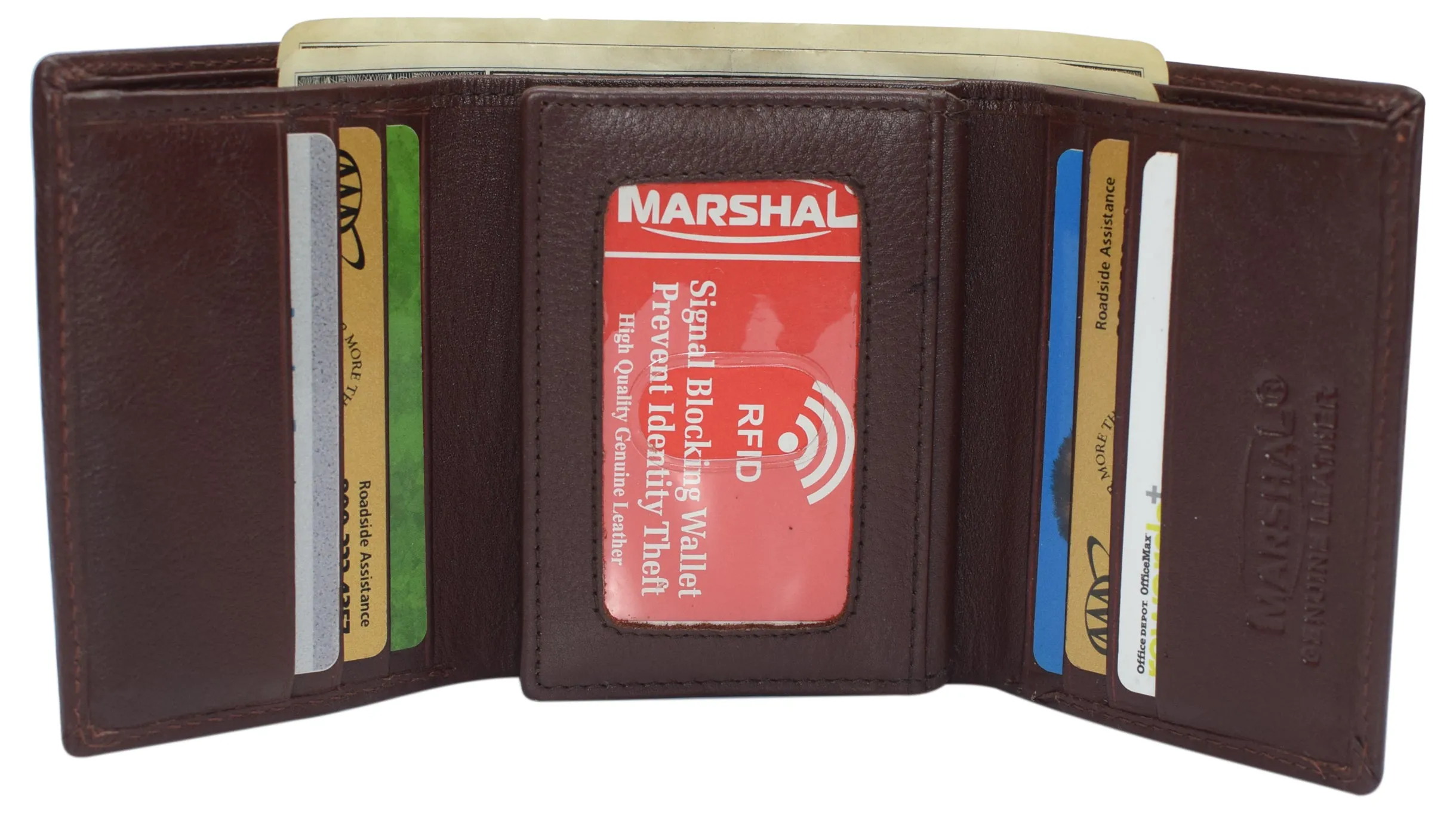 Marshal Men's RFID Blocking Full Grain Leather 2 ID Windows Trifold Wallet