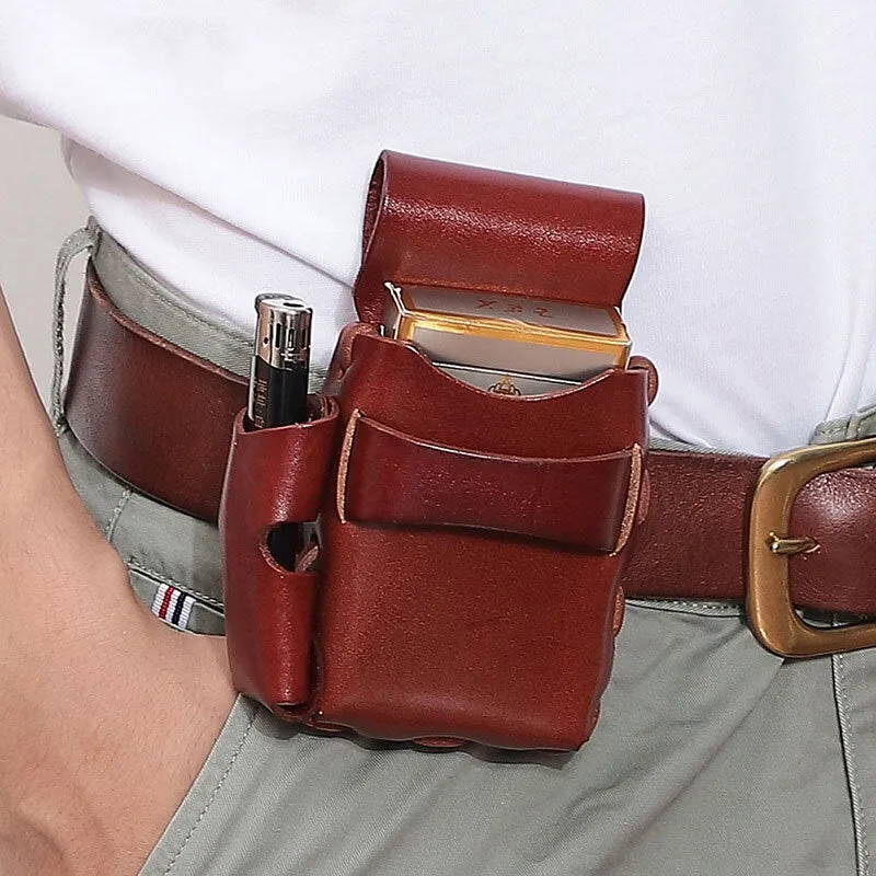 Men Genuine Leather Cigaret Case Storage Bag Retro Waterproof Waist Belt