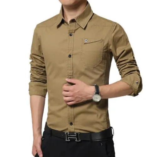 Men Solid Flap Pocket Lapel Collar Cotton Shirt