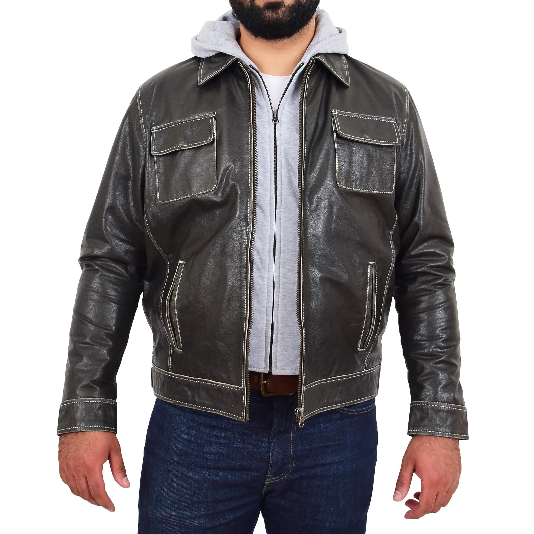 Mens Distressed Leather Biker Jacket Hooded Jason Grey