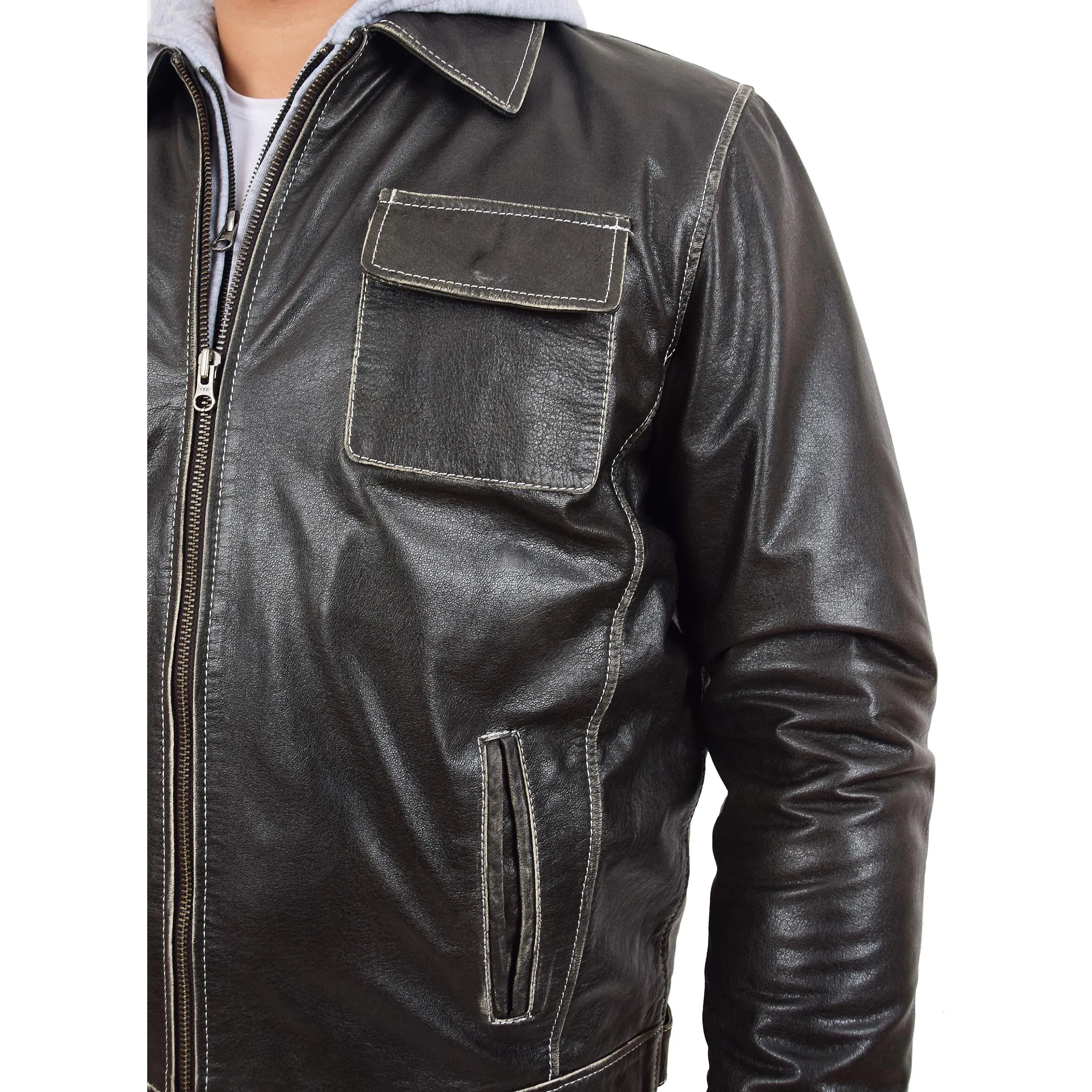 Mens Distressed Leather Biker Jacket Hooded Jason Grey