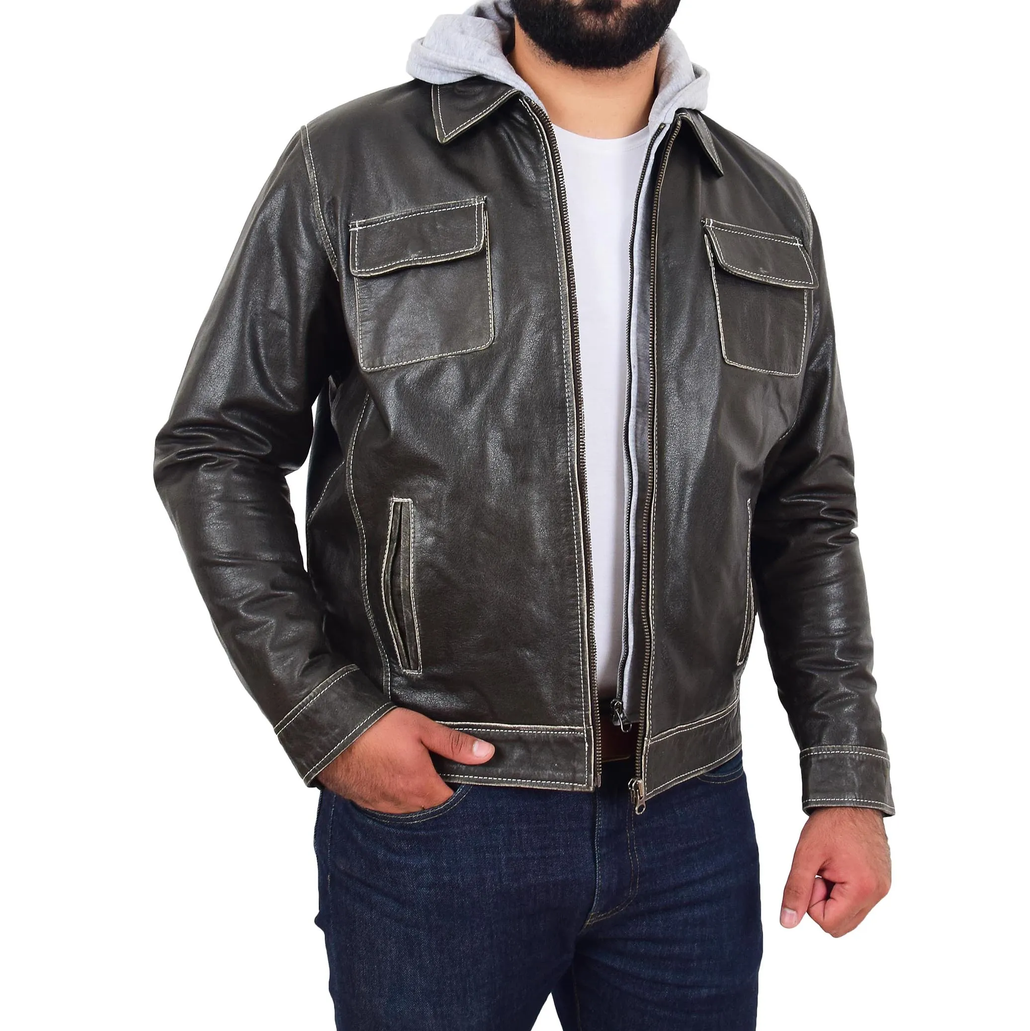 Mens Distressed Leather Biker Jacket Hooded Jason Grey