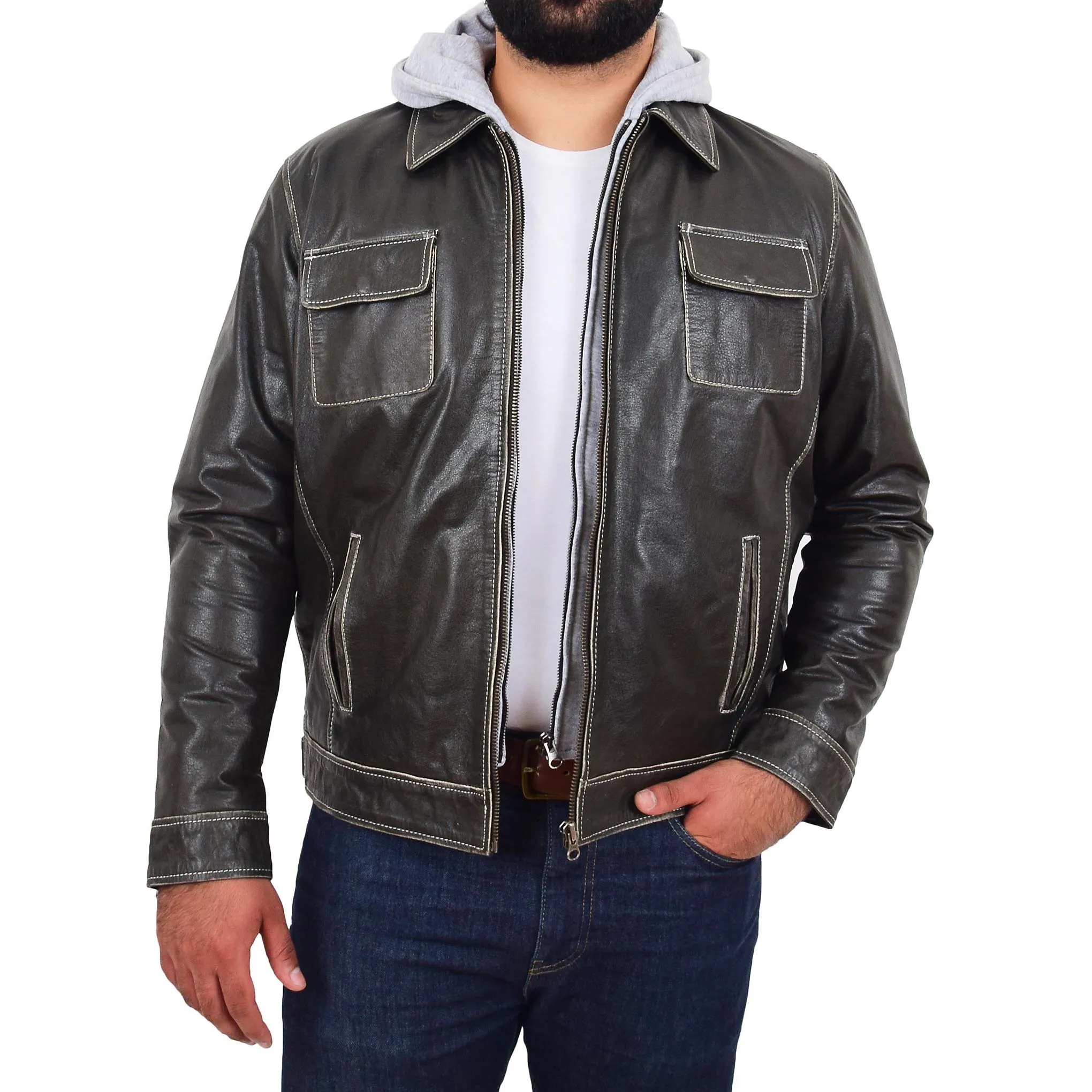 Mens Distressed Leather Biker Jacket Hooded Jason Grey