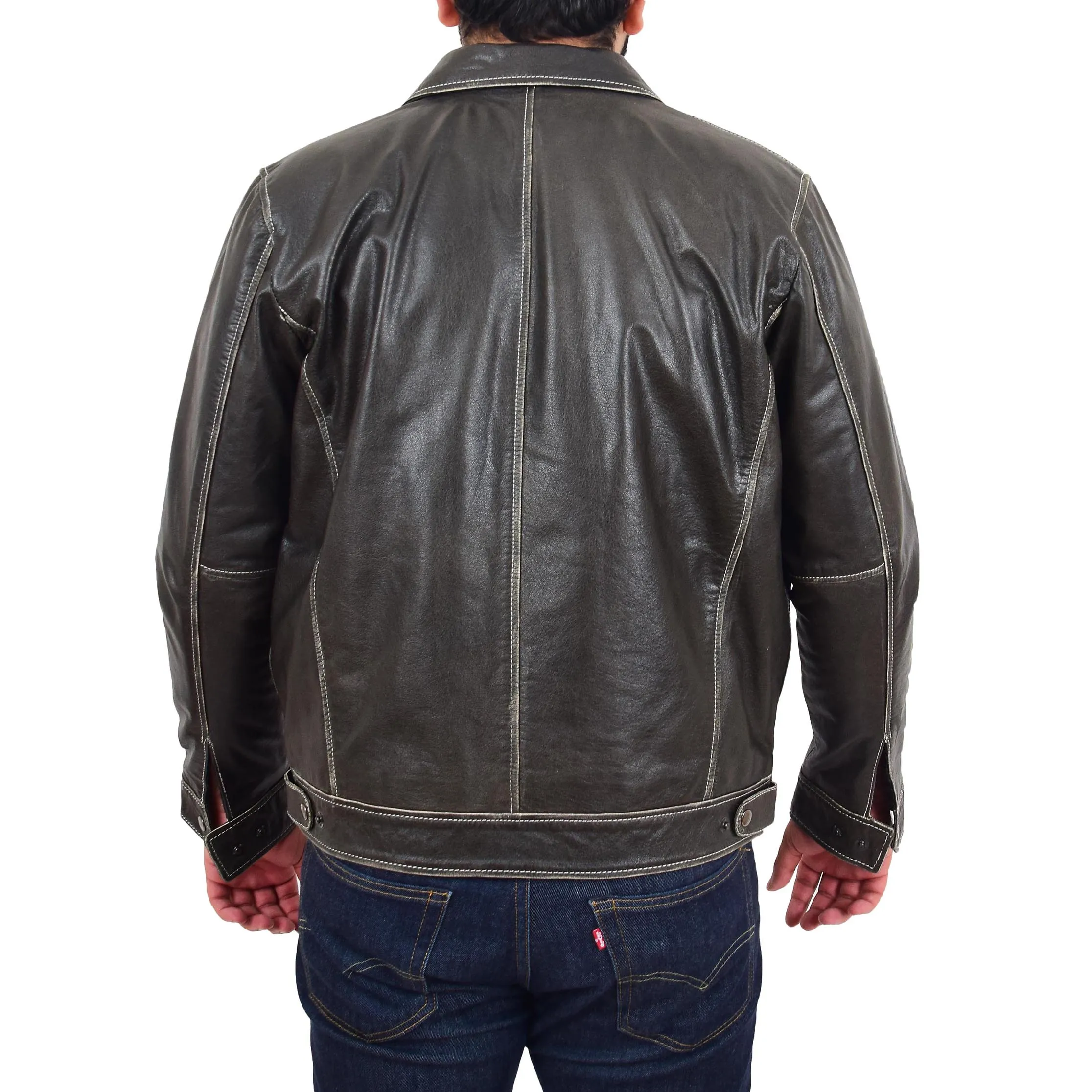 Mens Distressed Leather Biker Jacket Hooded Jason Grey