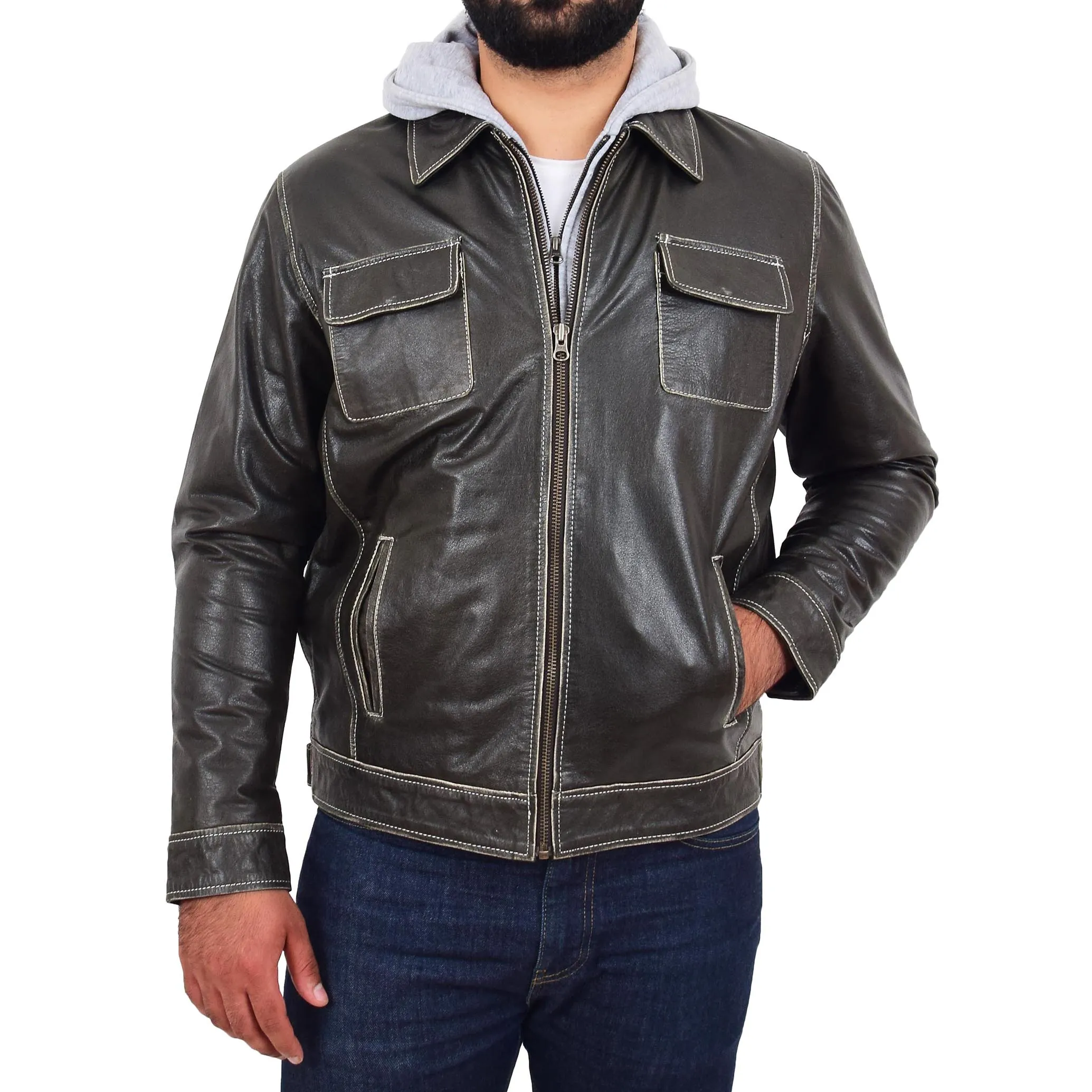 Mens Distressed Leather Biker Jacket Hooded Jason Grey