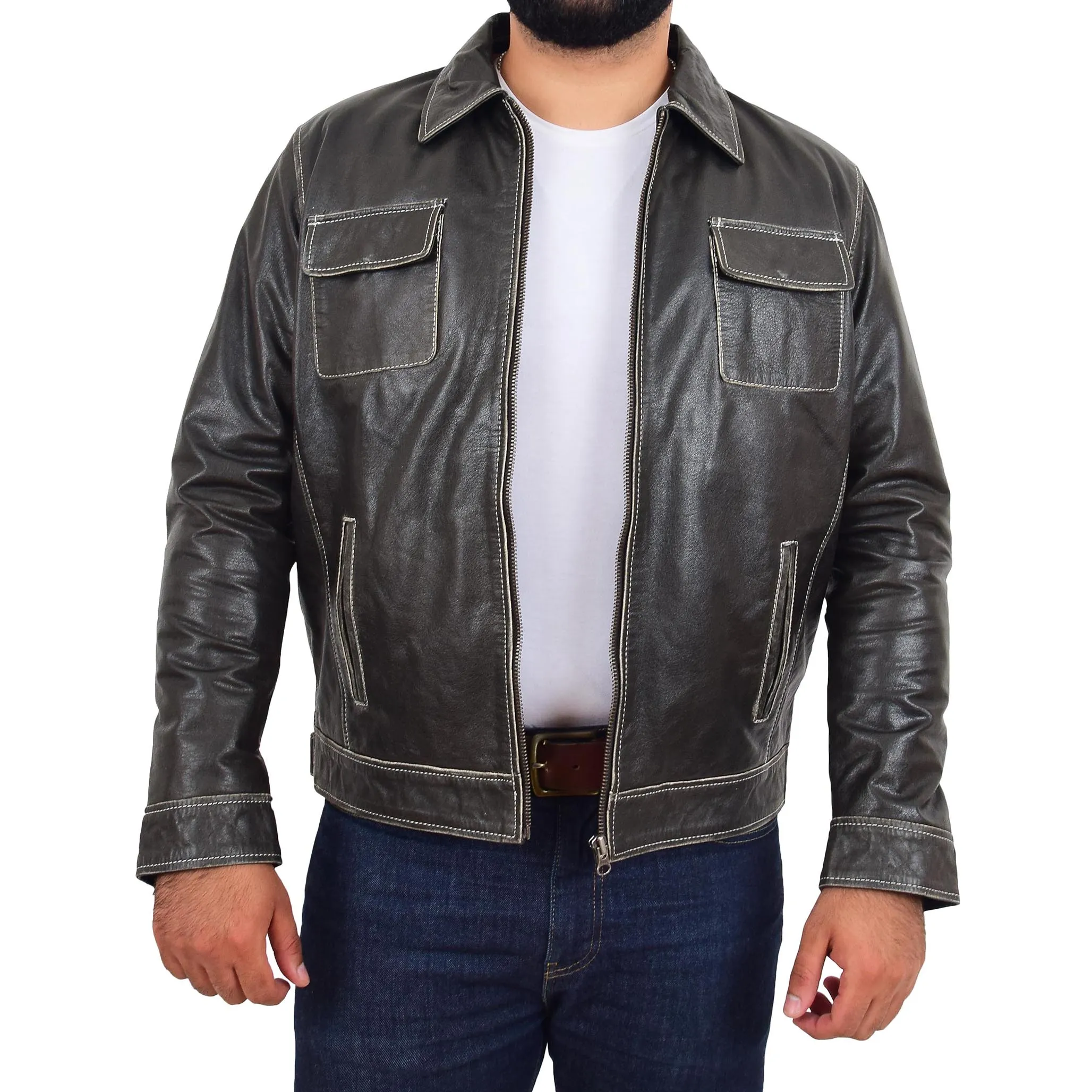 Mens Distressed Leather Biker Jacket Hooded Jason Grey