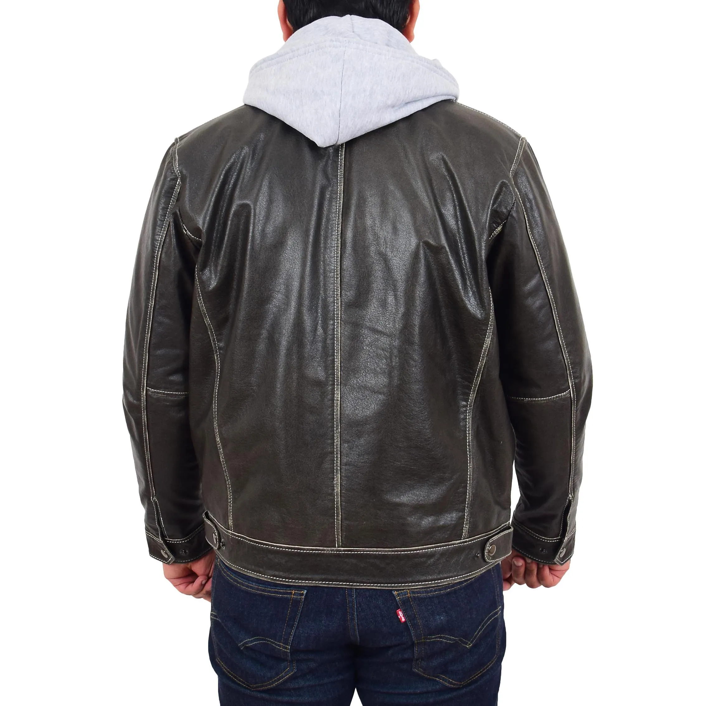 Mens Distressed Leather Biker Jacket Hooded Jason Grey