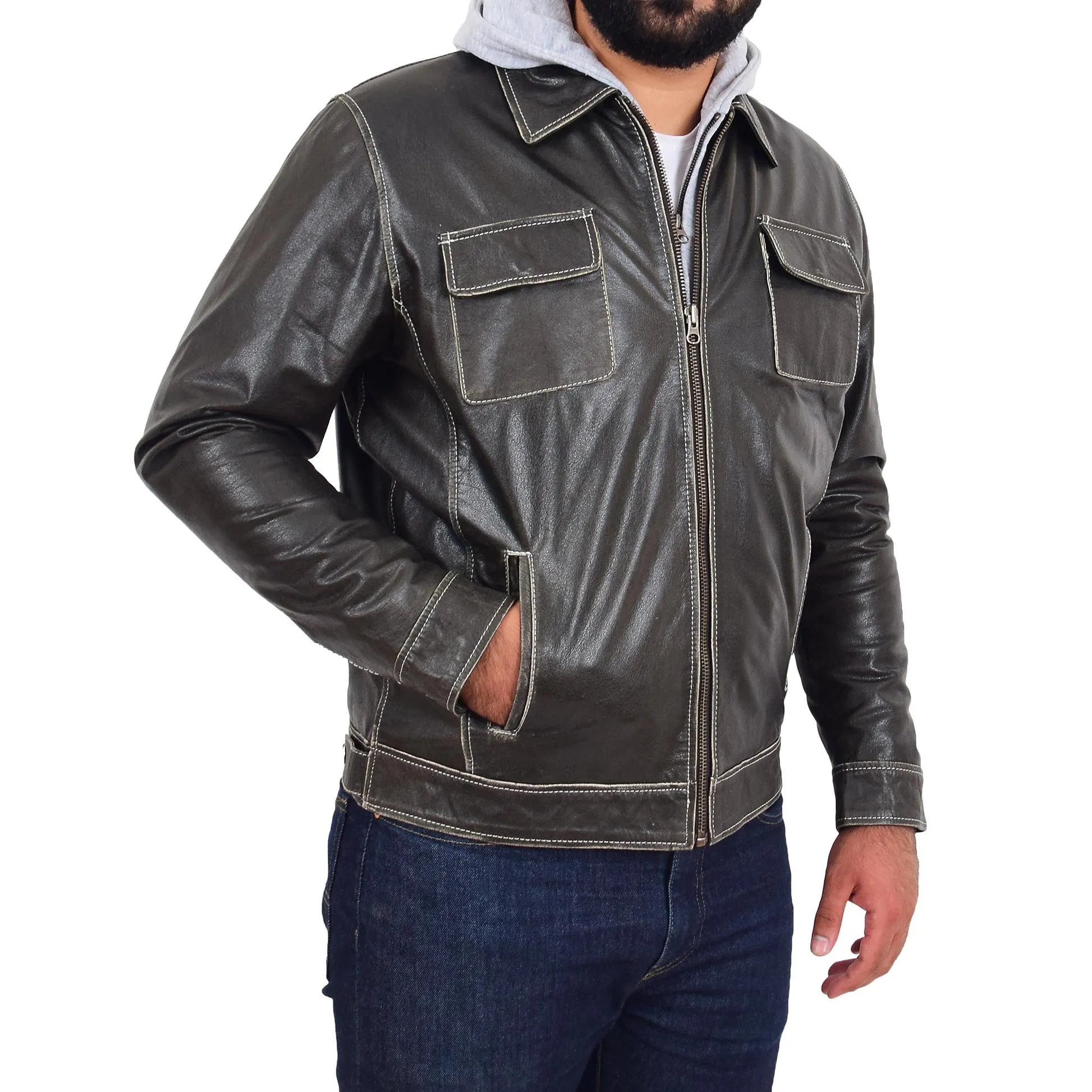 Mens Distressed Leather Biker Jacket Hooded Jason Grey