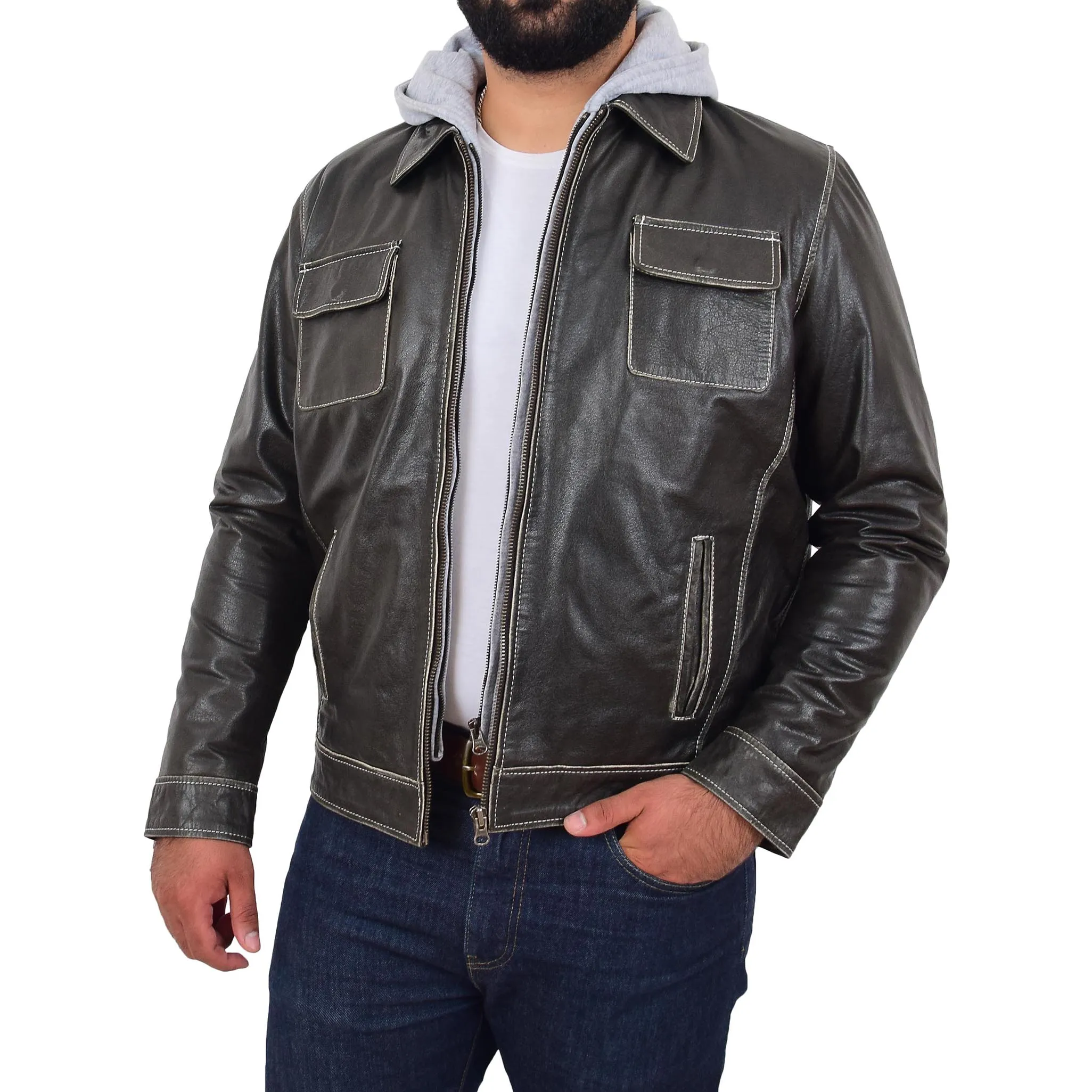 Mens Distressed Leather Biker Jacket Hooded Jason Grey