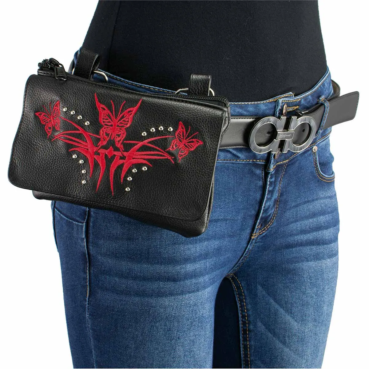 Milwaukee Leather MP8851 Women's Black and Red Leather Multi Pocket Belt Bag