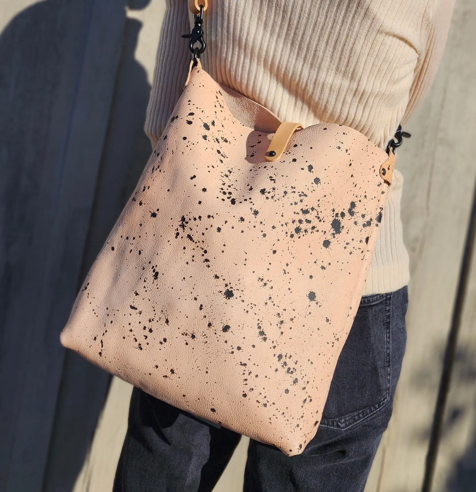 Natural Veg Tan and Black Matte Splatter Leather Crossbody Bag