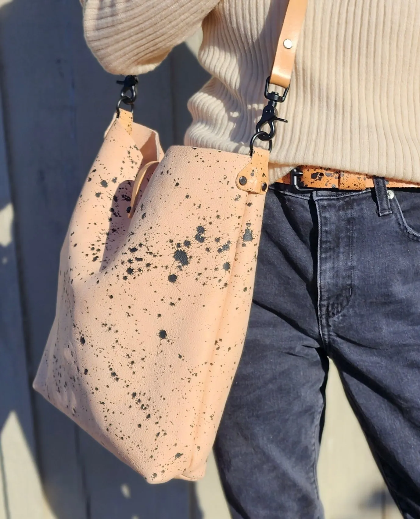 Natural Veg Tan and Black Matte Splatter Leather Crossbody Bag