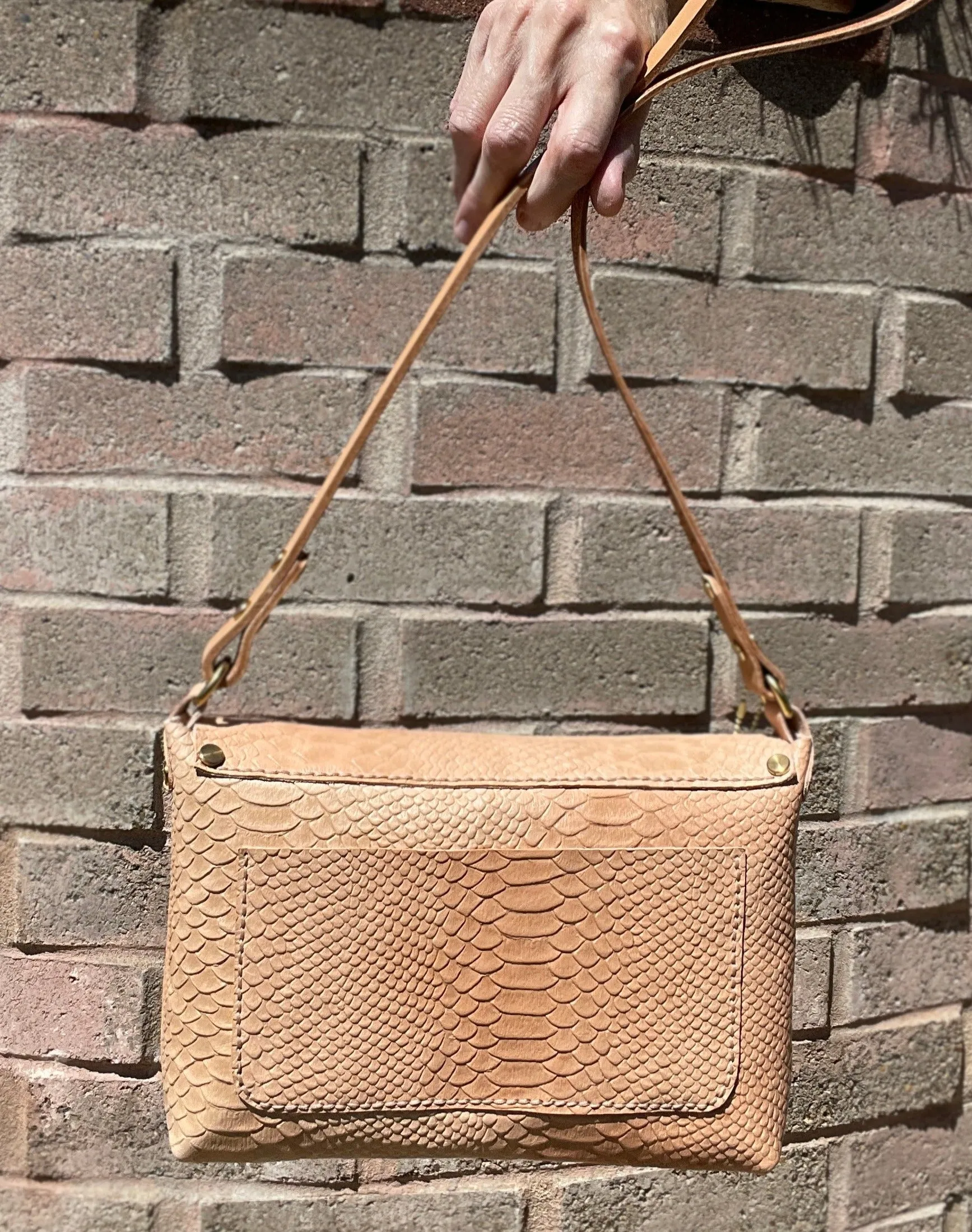 Natural Veg Tan Reptile Embossed Leather Medium Crossbody Flap Messenger Bag