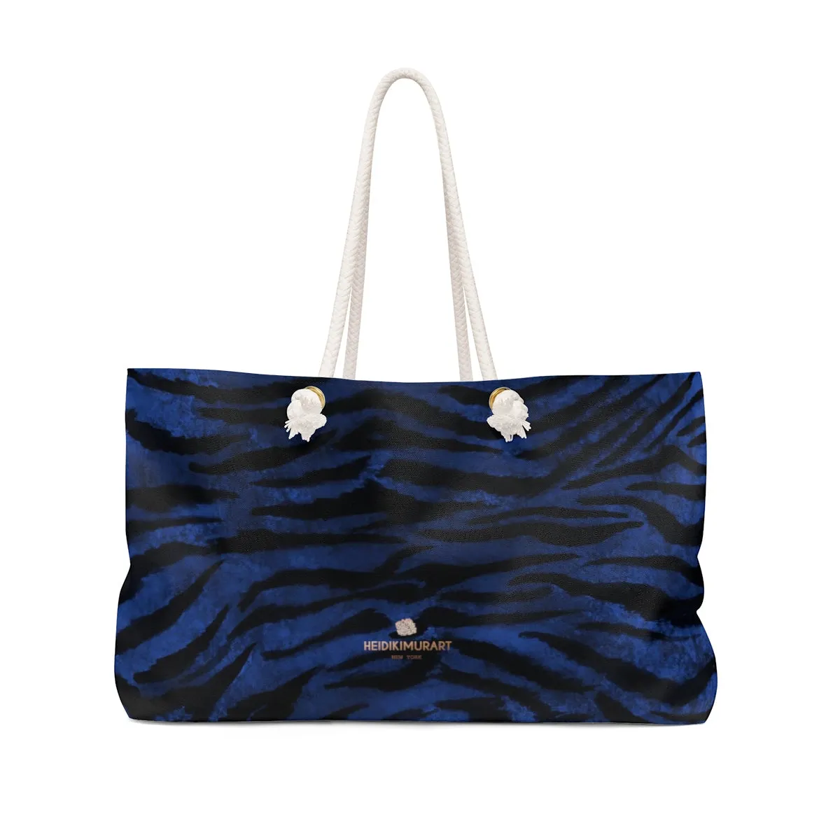 Navy Blue Tiger Striped Tote Bag, Dark Animal Print Oversized 24"x13" Large Weekender Bag