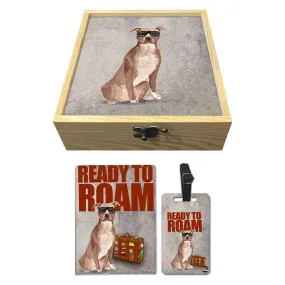 Passport Cover Luggage Tag Wooden Gift Box Set - Ready To Roam (Cute Dog)