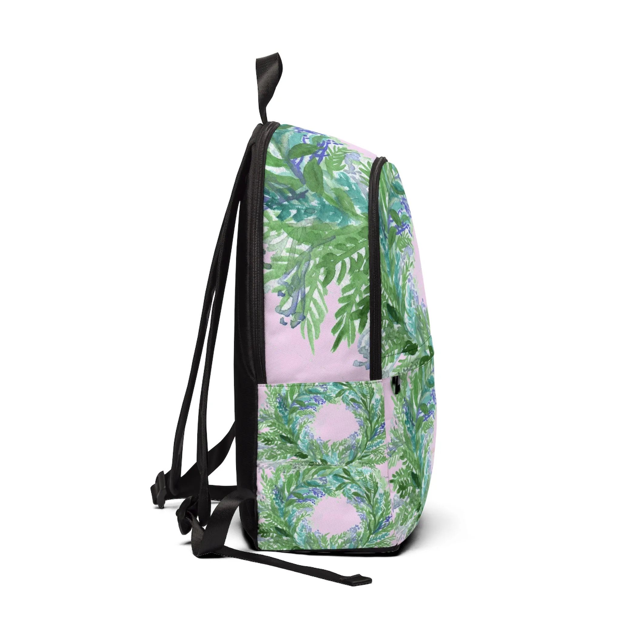 Pastel Pink Floral Backpack, Purple Lavender Floral Print Designer Unisex Fabric Travel Bag