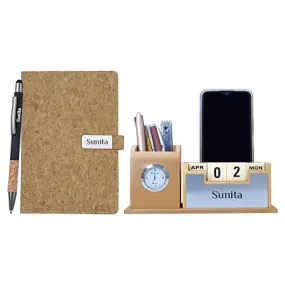 Personalized Desk Organizer With Diary Pen Set With Name - Cork Silver