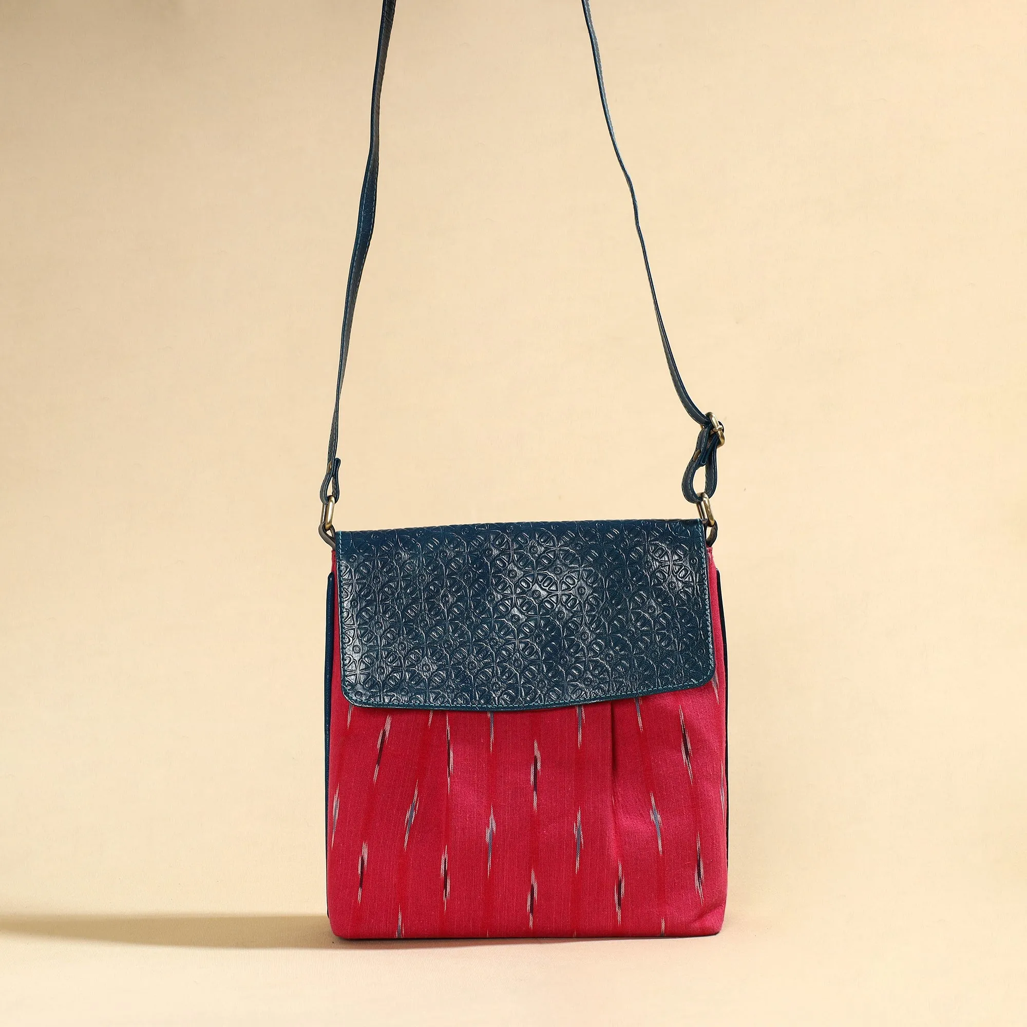 Pink - Handcrafted Ikat Fabric Sling Bag with Embossed Leather Flap