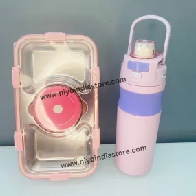 Pink Stainless Steel Lunch Box (750ml) and 304 Stainless Steel Bottle (600ml) Combo