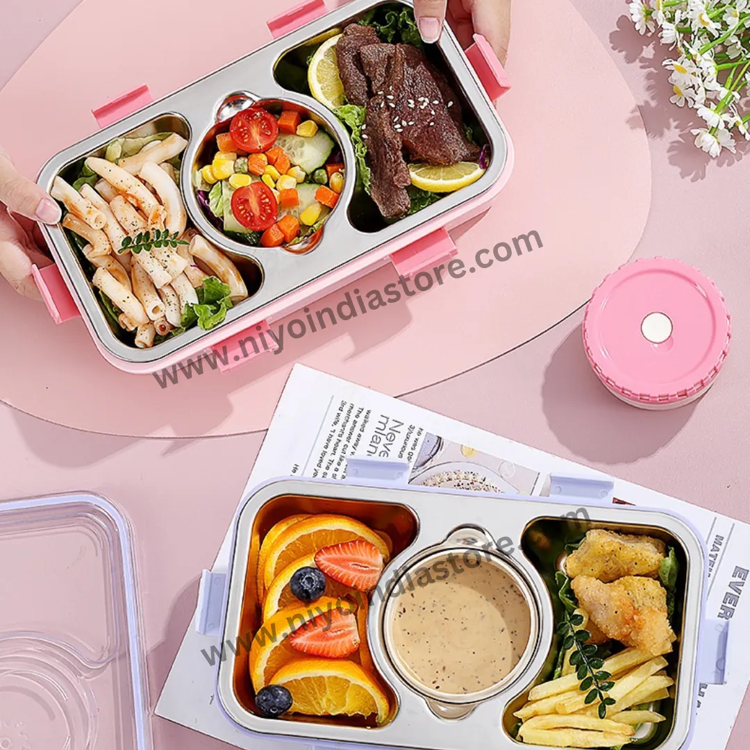 Pink Stainless Steel Lunch Box (750ml) and 304 Stainless Steel Bottle (600ml) Combo