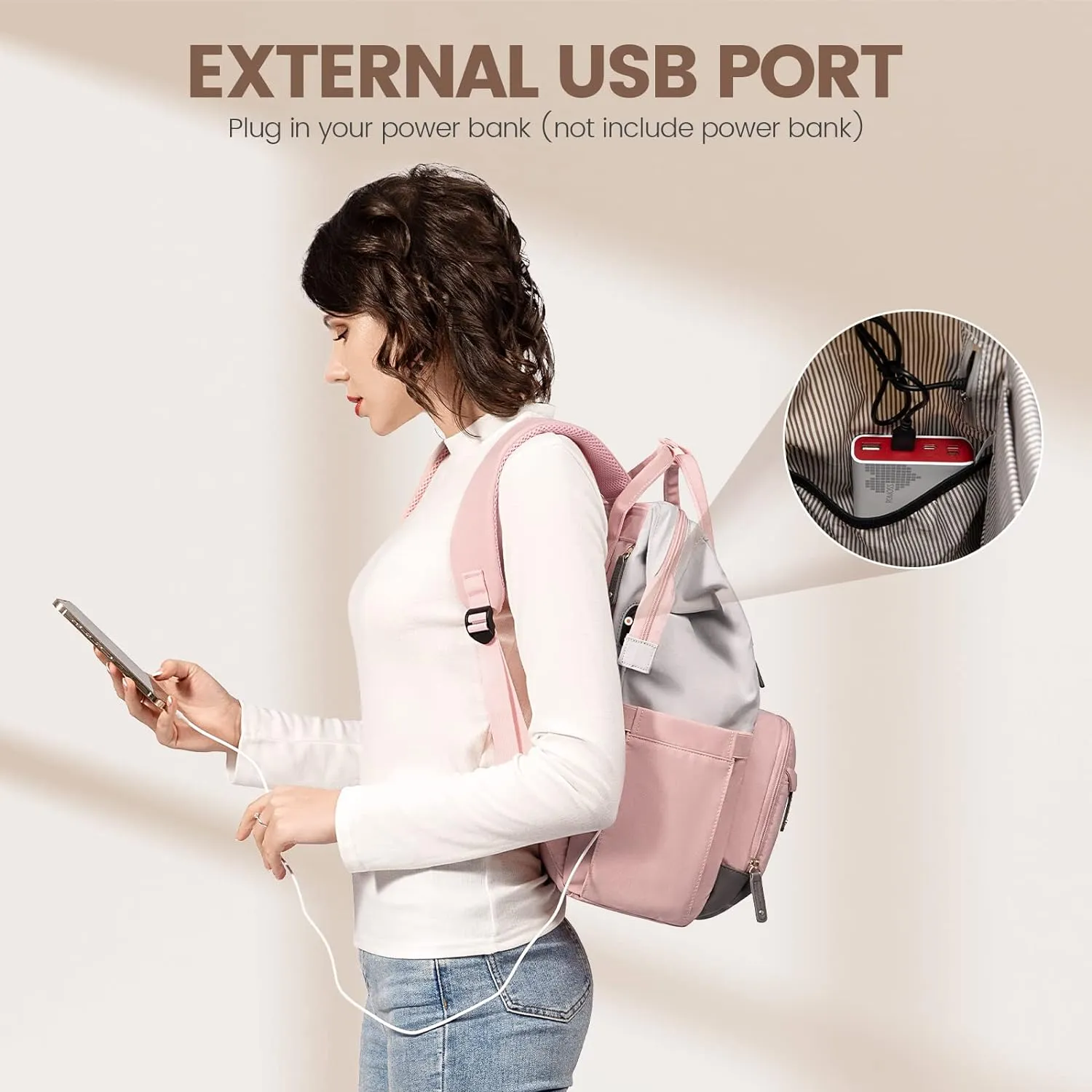 Pink/Grey College Travel Style Work Laptop USB Backpack