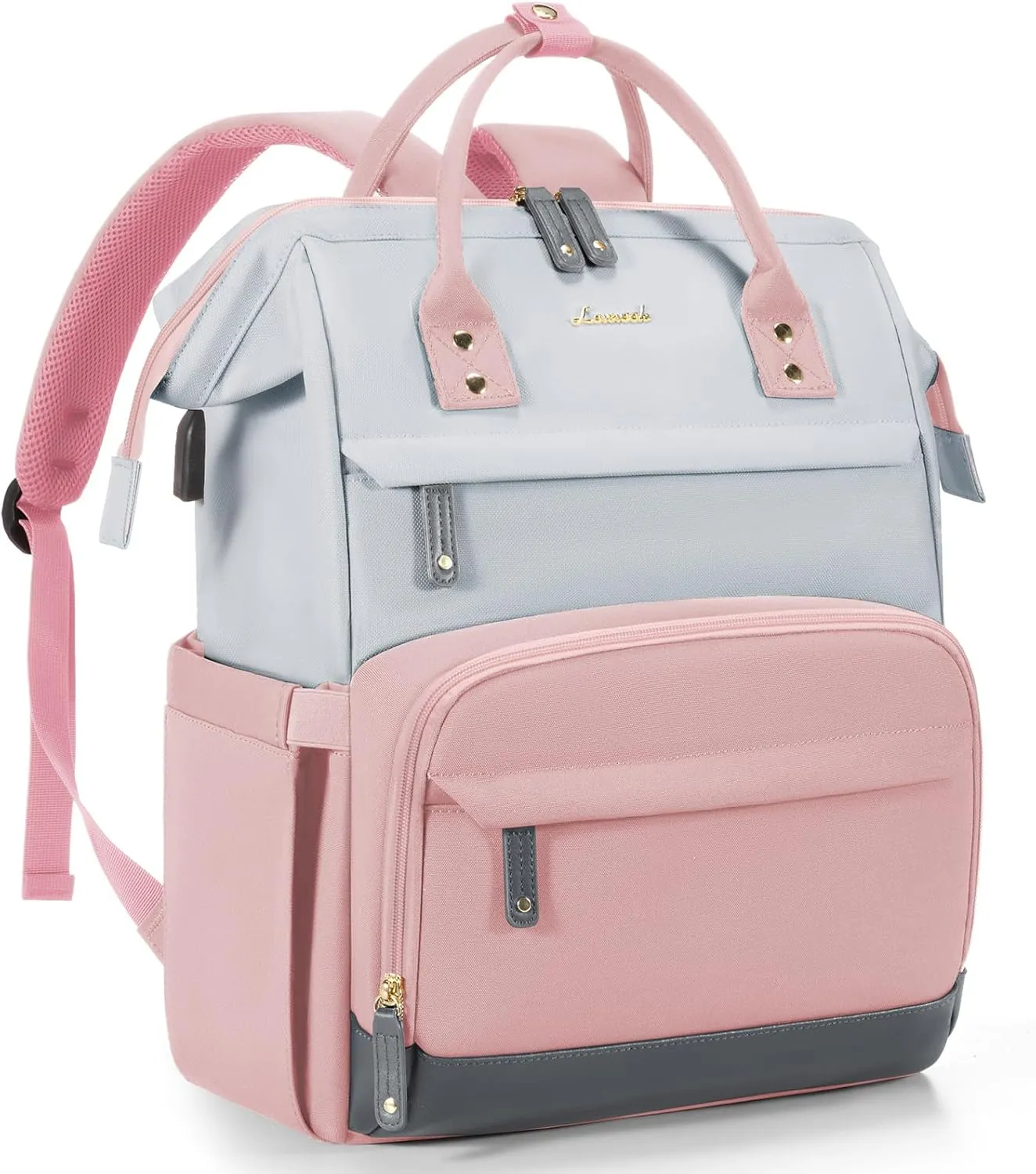 Pink/Grey College Travel Style Work Laptop USB Backpack