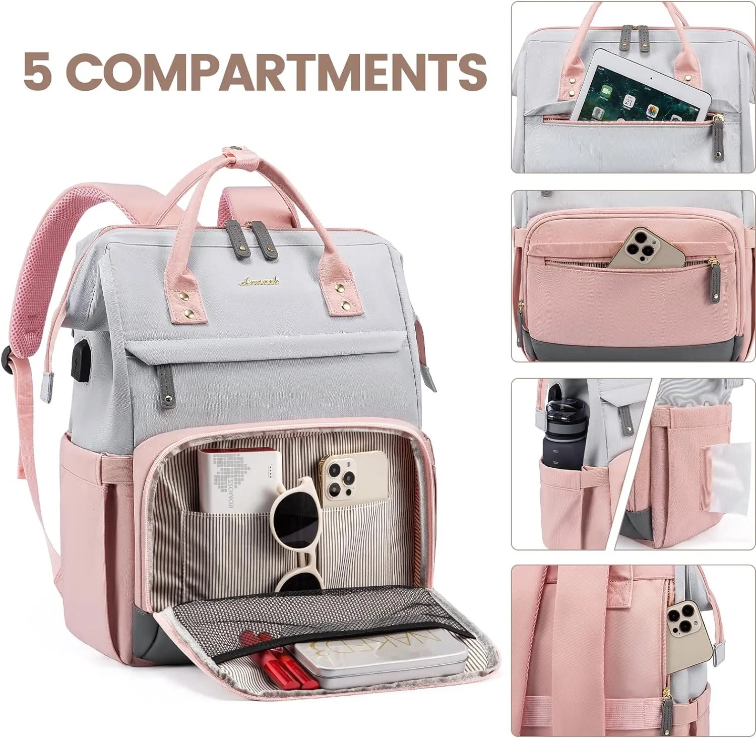 Pink/Grey College Travel Style Work Laptop USB Backpack