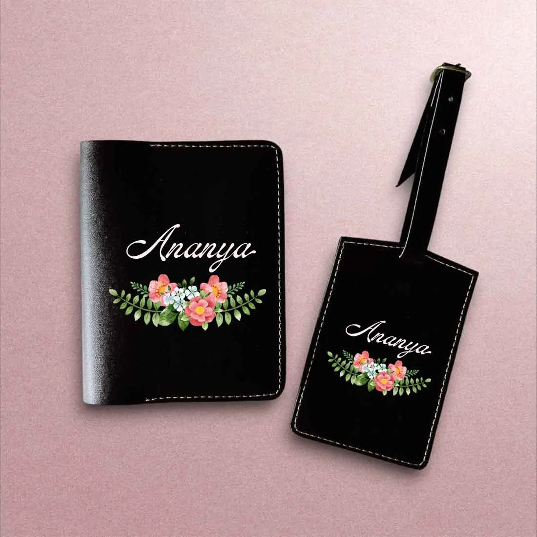 Pu Leather Customized Passport Cover and Luggage Tag Set - Floral