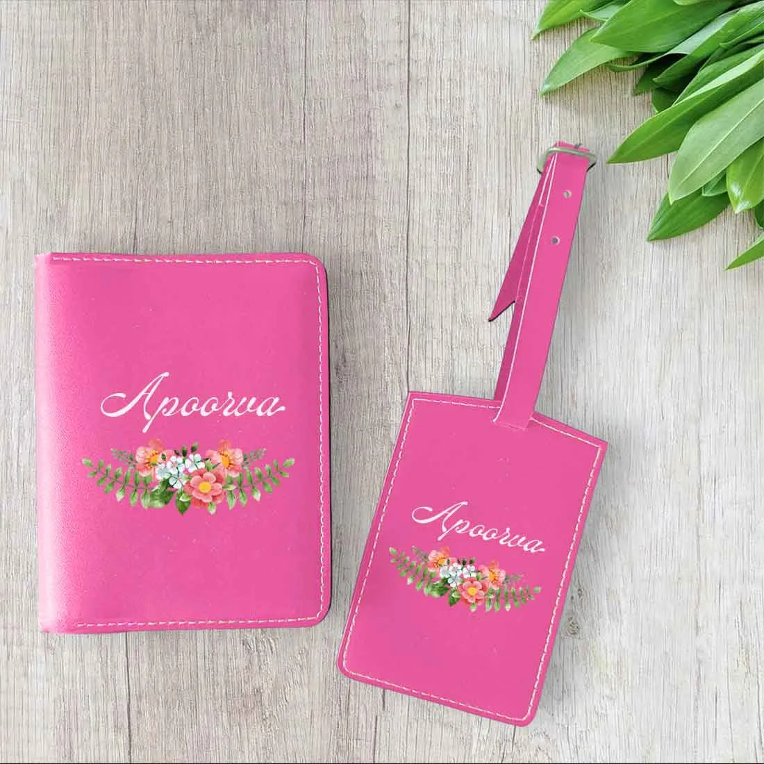 Pu Leather Customized Passport Cover and Luggage Tag Set - Floral