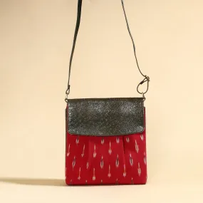 Red - Handcrafted Ikat Fabric Sling Bag with Embossed Leather Flap