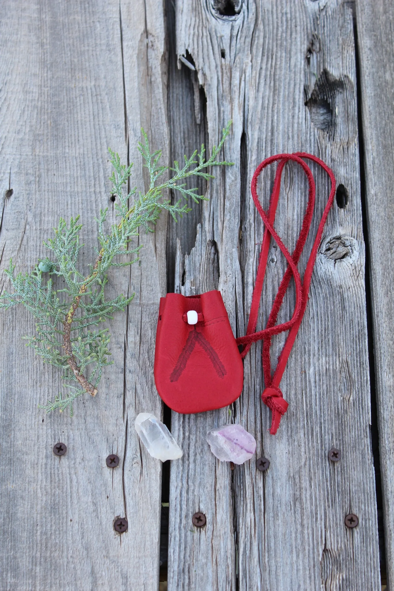 red medicine bag, leather pouch