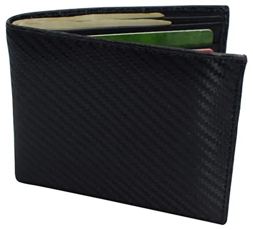 RFID590060CBK Carbon Fiber Mens Leather Wallet with ID Window Slim RFID Bifold Travel