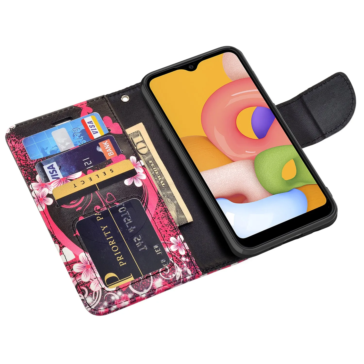 Samsung Galaxy A01 Case, Galaxy A01 Wallet Case, Wrist Strap Pu Leather Wallet Case [Kickstand] with ID & Credit Card Slots - Heart Butterflies