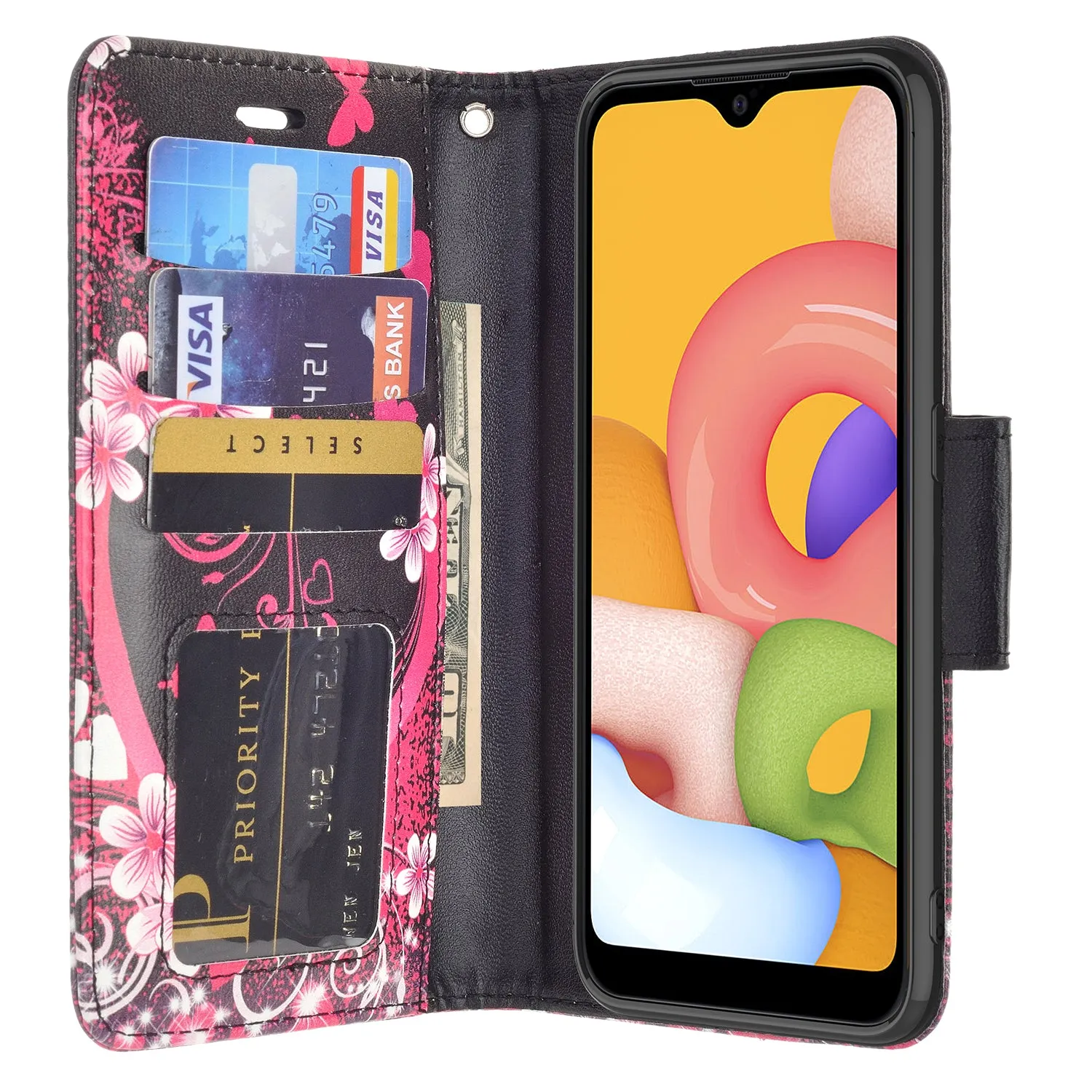 Samsung Galaxy A01 Case, Galaxy A01 Wallet Case, Wrist Strap Pu Leather Wallet Case [Kickstand] with ID & Credit Card Slots - Heart Butterflies