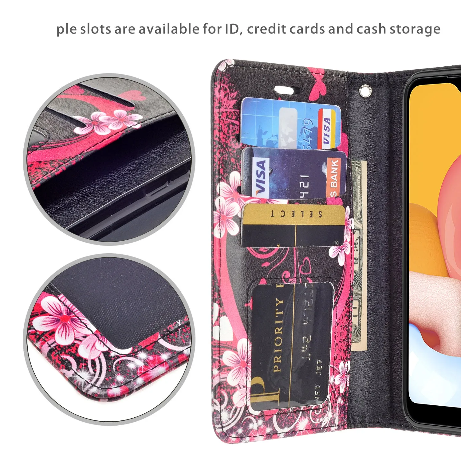 Samsung Galaxy A01 Case, Galaxy A01 Wallet Case, Wrist Strap Pu Leather Wallet Case [Kickstand] with ID & Credit Card Slots - Heart Butterflies